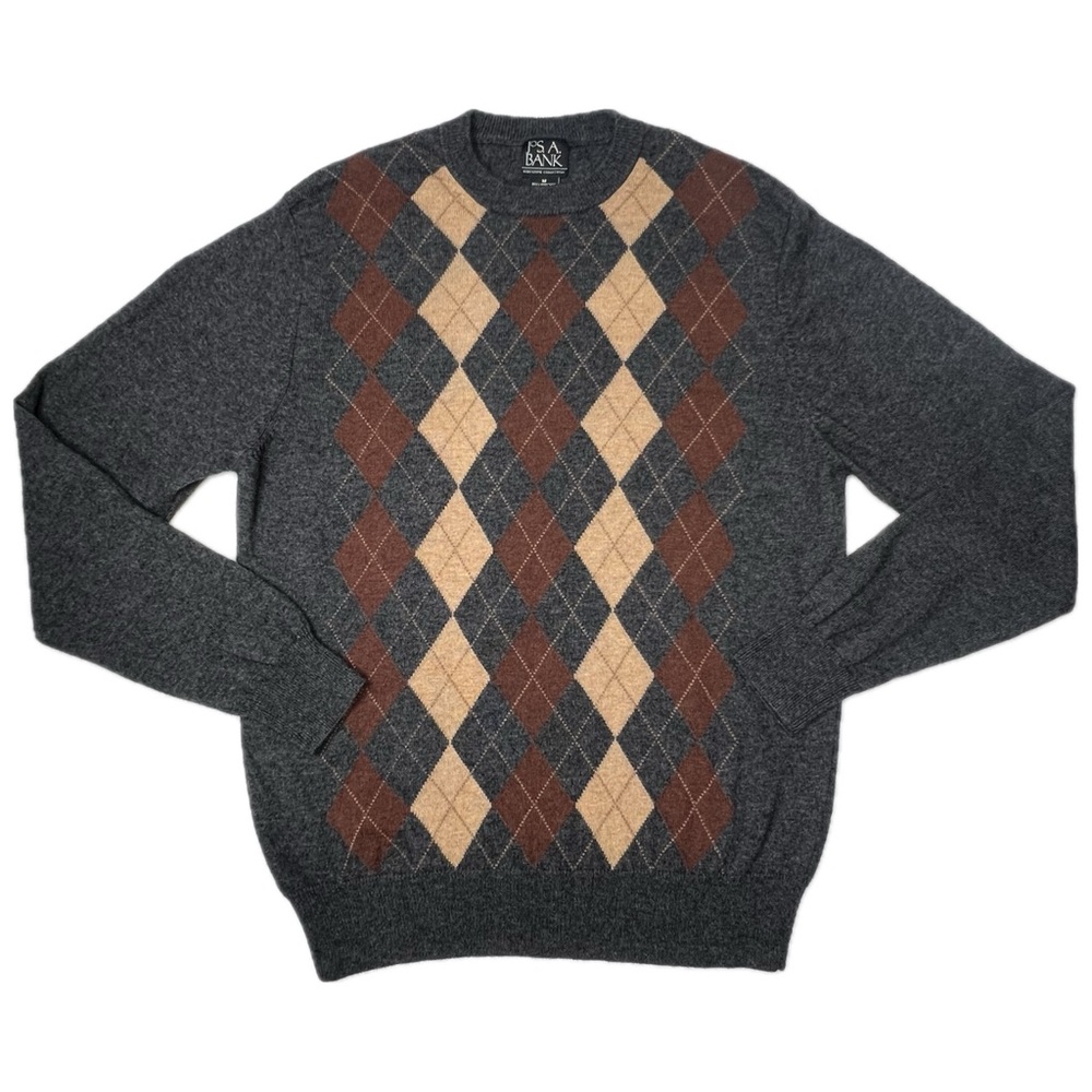 Jos. A. Bank Sweater Argyle Lambswool Blend Crewneck Gray Brown Tan Medium M